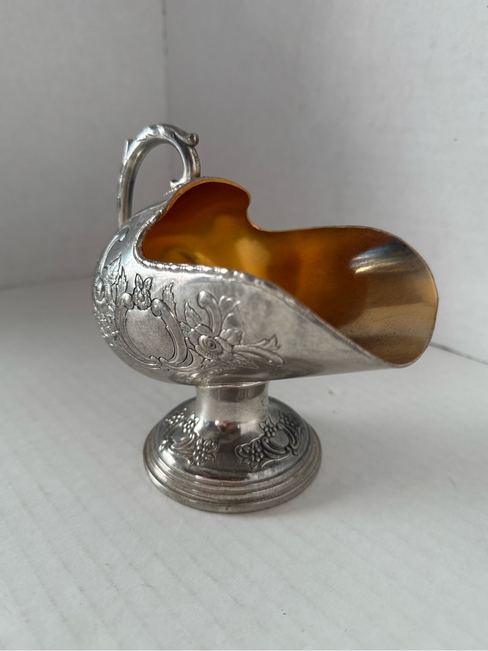 Raimond sugar scuttle,floral engraved silverplate with gold interior